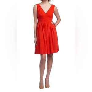 Trina Turk Red Coral Reina Dress Ruched Waist Cotton Sleeveless Fit Flare Sz 2